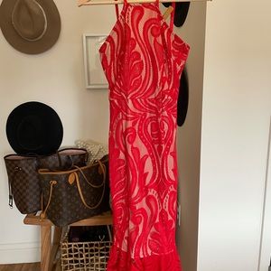 PLT High Red Lace Frill Trim MIDI Dress